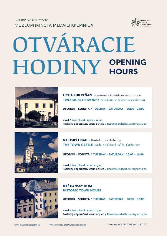 Otváracie hodiny NBS-Múzeum mincí a medailí Kremnica